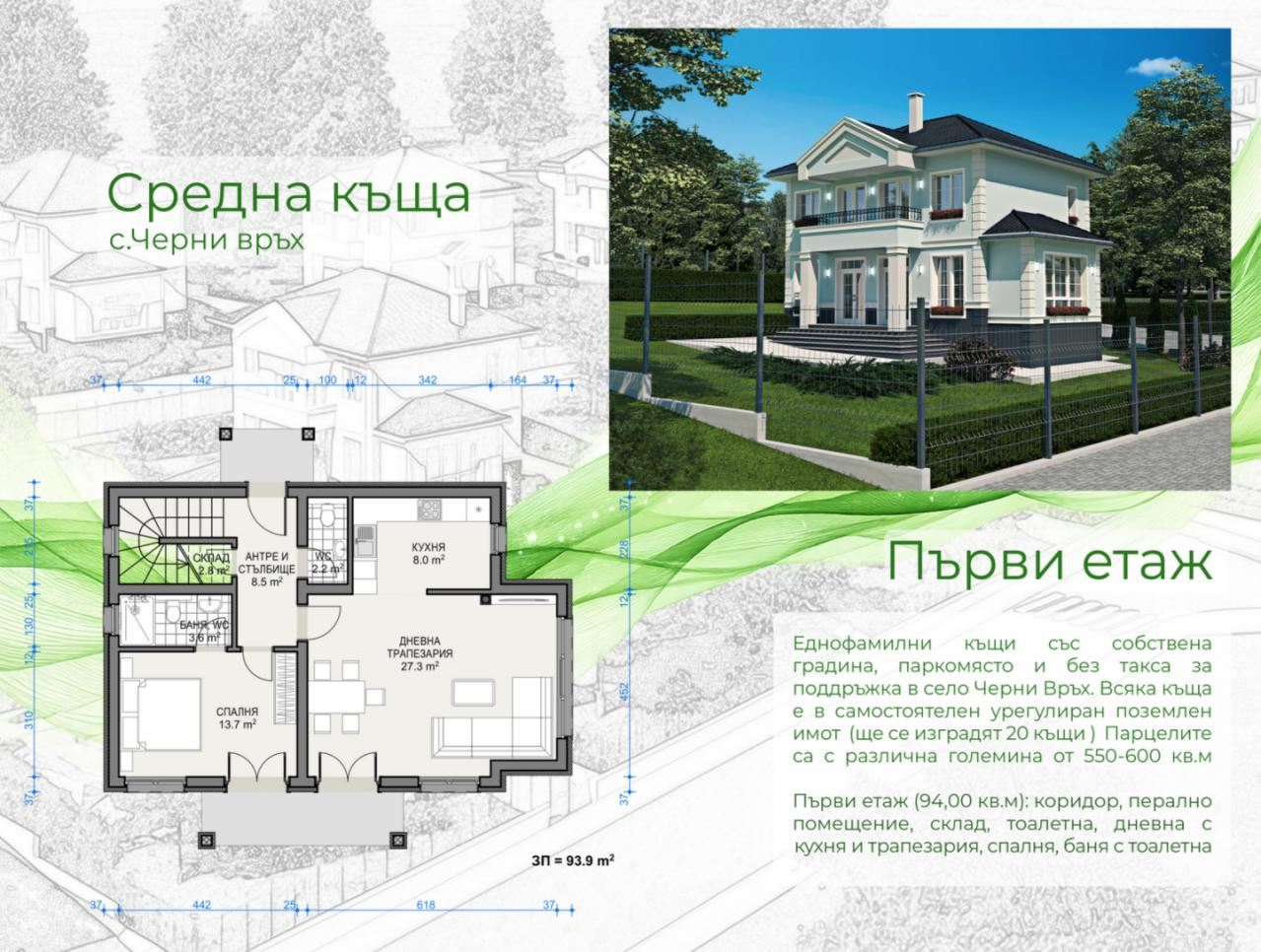 Новый односемейный дом с собственным двором, парковочным местом и без платы за обслуживание в селе Черни-Врых
